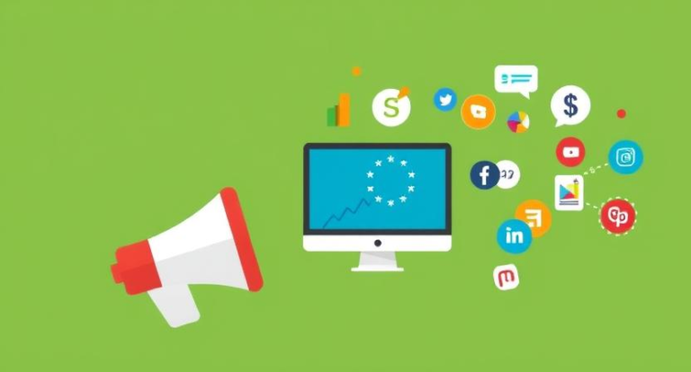 a megaphone and computer with icons